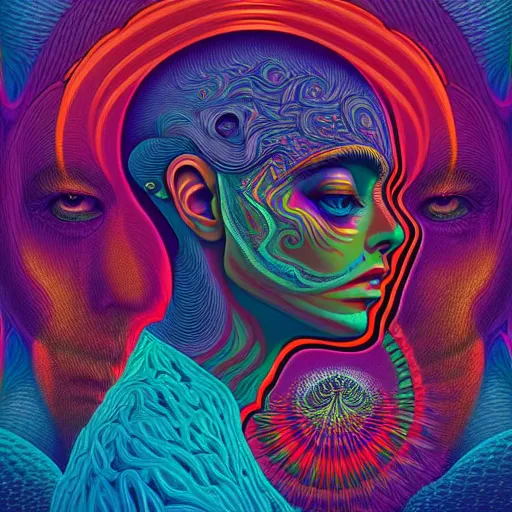 Image similar to An extremely psychedelic portrait, surreal, LSD, face, detailed, intricate, elegant, lithe, highly detailed, digital painting, artstation, concept art, smooth, sharp focus, illustration, art by Kilian Eng