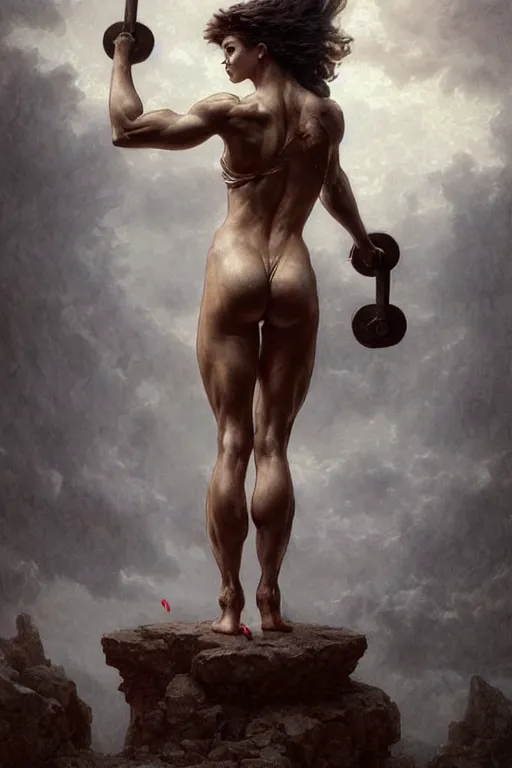 Prompt: muscular greek goddess, with her foot on top of a pile of dumbbells covered in blood - in the style of greg rutkowski, by Gustave Doré, by Marco Turini, by Artgerm, Deviantart in the style of Tom Bagshaw, Cedric Peyravernay, Peter Mohrbacher by William-Adolphe Bouguereau,4k,