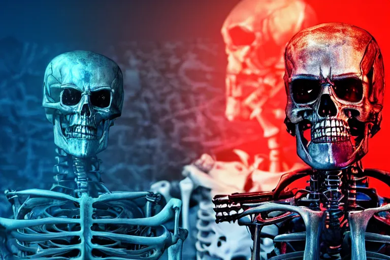 Image similar to terminator skeleton, computers on background. high detail, low saturated red and blue light, cinematic colors