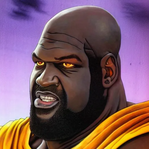 Image similar to ultra realistic portrait painting of shaquille o'neal as super saiyan goku, art by akira toriyama, 4 k, dragon ball artstyle, cel shaded, highly detailed, epic lighting