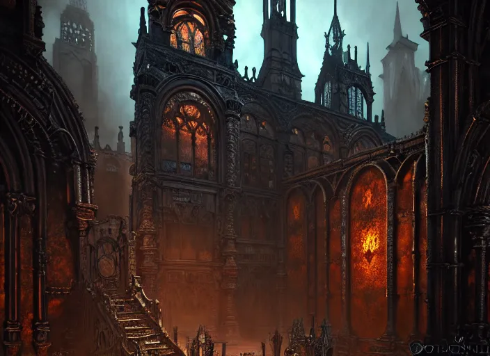 Image similar to steam necropolis, memento mori, gothic, neo - gothic, art nouveau, hyperdetailed copper patina medieval icon, stefan morrell, philippe druillet, ralph mcquarrie, concept art, steampunk, unreal engine, detailed intricate environment, octane render, moody atmospherics, volumetric lighting, ultrasharp, ominous, otherworldly