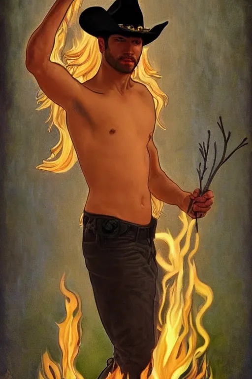 Prompt: a dramatic ethereal epic painting of a handsome cowboy offering a small plant | background is a fire flames conflagration forest | he is black, shirtless and wearing a hat and boots | tarot card, art deco, art nouveau, homoerotic | by Mark Maggiori and Alphonse Mucha | trending on artstation