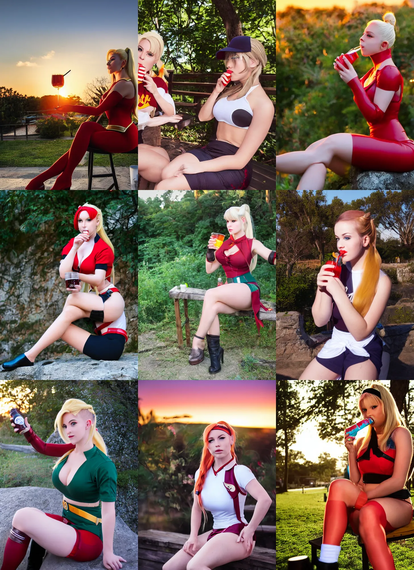 Prompt: Casual photograph of a Cammy White cosplayer drinking a cola, sitting at an outdoors cafe, sunset lighting, nature background, low contrast