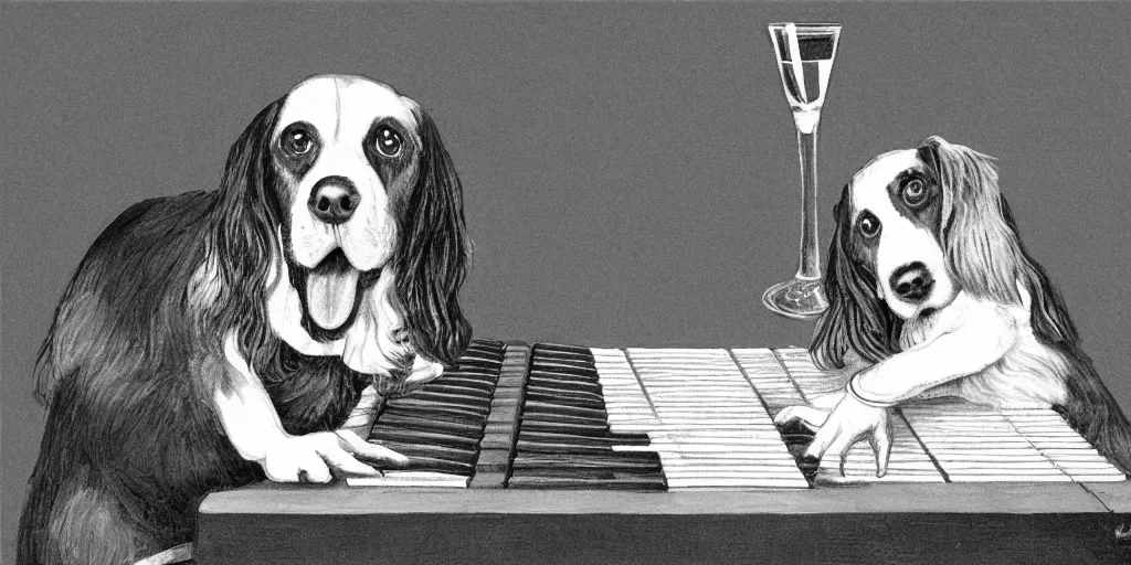 Image similar to sprocker Spaniel playing piano with a Martini on the side, illustration, b&w