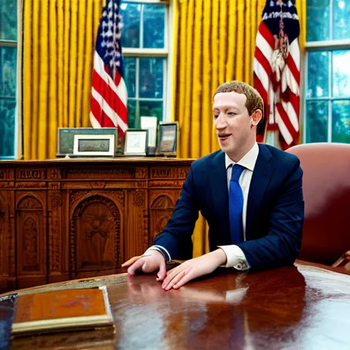 Prompt: Mark Zuckerberg the president of the united states sitting in the oval office, closeup, EOS-1D, f/1.4, ISO 200, 1/160s, 8K, RAW, unedited, symmetrical balance, in-frame, Photoshop, Nvidia, Topaz AI