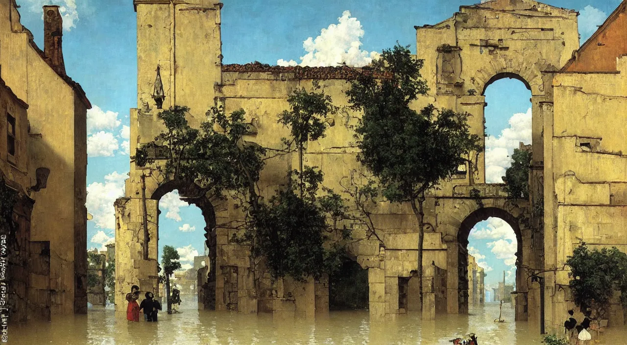 Prompt: a high contrast! painting of a flooded ancient street empty arch by rene magritte carl spitzweg norman rockwell, full - length view, vibrant, symmetry, great composition, high detail, cinematic lighting, masterpiece