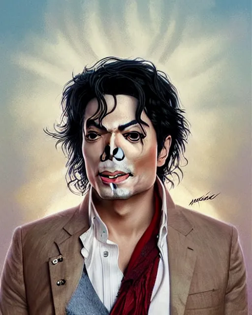 Image similar to Portrait of Michael Jackson & Michael Mcintyre in Ibiza,real life skin, intricate, elegant, highly detailed, artstation, concept art, smooth, sharp focus, art by artgerm and greg rutkowski and alphonse mucha