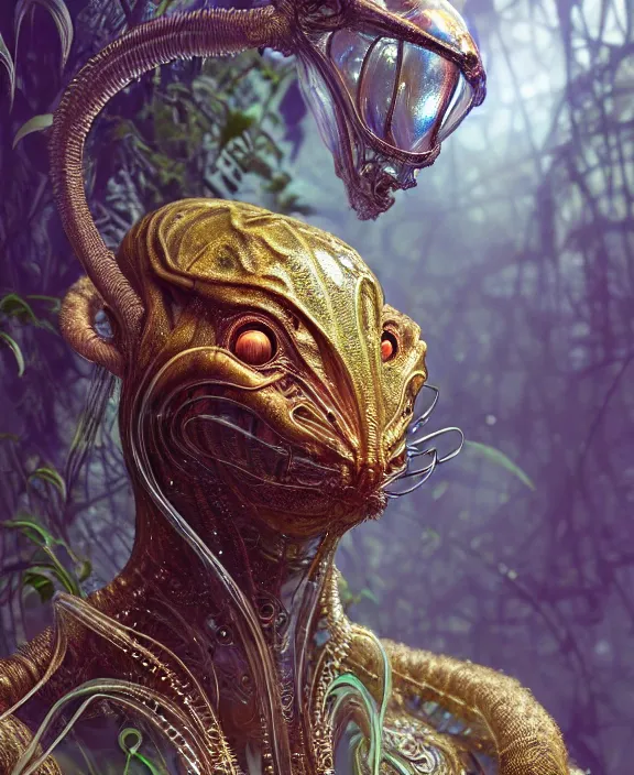 Image similar to intricate ornate opulent transparent clear see - through portrait of a terrifying beautiful male alien rat, mottled coloring, adorable, childlike, overgrown jungle environment, ultra realistic, concept art, art nouveau, photorealistic, octane render, 8 k, unreal engine. art by christopher marley and artgerm and greg rutkowski and alphonse mucha