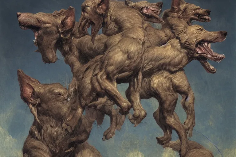 Image similar to hyperdetailed matte art of cerberus by william blake, ilya repin, amano, rene magritte, craig mullins, three headed dog, details