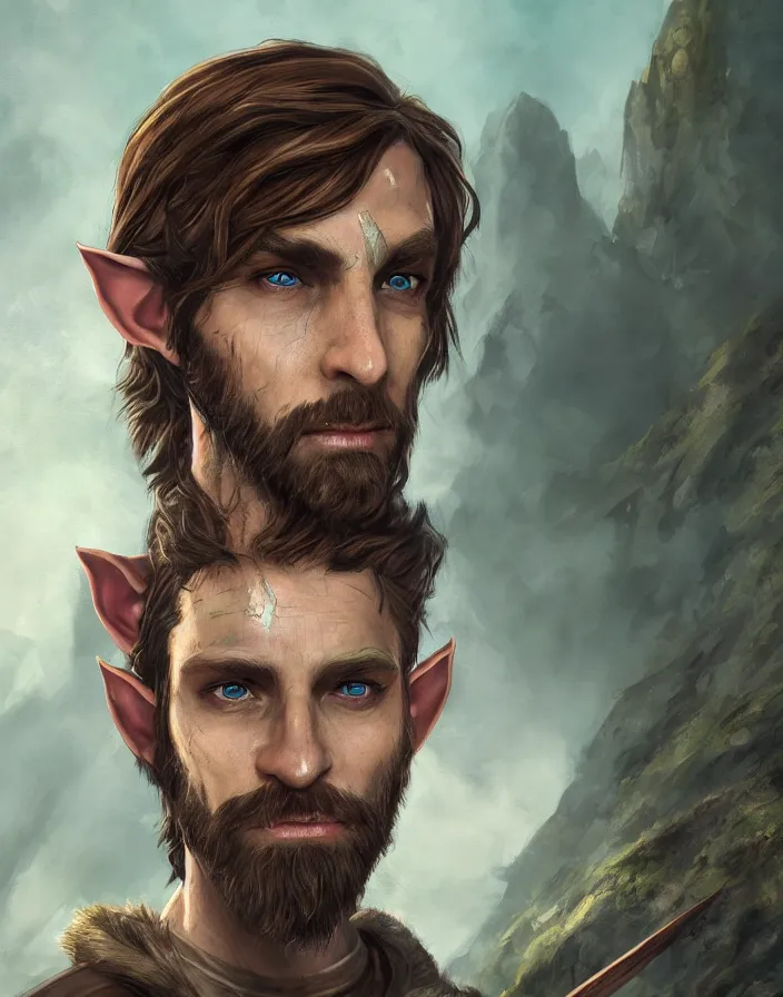 Image similar to An epic fantastic realism comic book style portrait painting of an arrogant half elf ranger with shaggy brown hair, scruffy beard, scar on face, teal tunic, 8k, 4k, D&D Concept Art, unreal 5, DAZ, hyperrealistic, octane render, cosplay, RPG portrait, dynamic lighting