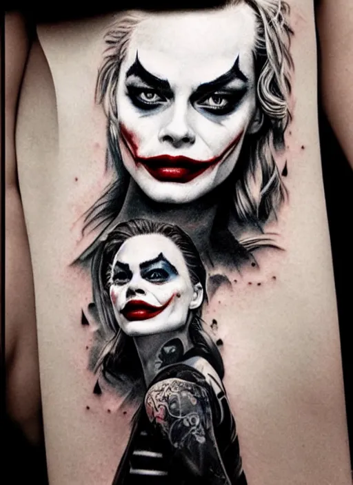 Image similar to tattoo design of margot robbie with joker makeup, ace card, in the style of matt jordan, realistic face, black and white, realism tattoo, hyper realistic, highly detailed
