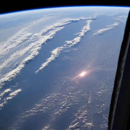 Prompt: photograph from the international space station window as planet earth breaks in half following a larger asteroid impact, fire explosions