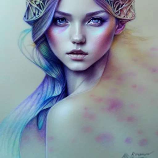 Image similar to hyper realistic pencil drawing of a fantasy princess, muted water color, full portrait, detailed, rim light, diffused, intricate, by anna dittmann