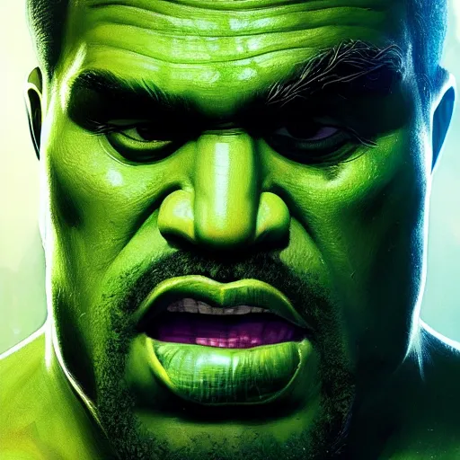 Image similar to Portrait of green Kanye West as the Hulk, amazing splashscreen artwork, splash art, head slightly tilted, natural light, elegant, intricate, fantasy, atmospheric lighting, cinematic, matte painting, by Greg rutkowski