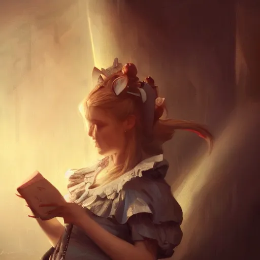 Prompt: closeup of alice in wonderland, dramatic lighting, chiaroscuro, high detail, painted by greg rutkowski, painted by igor kieryluk, painted by raymond swanland, trending on artstation