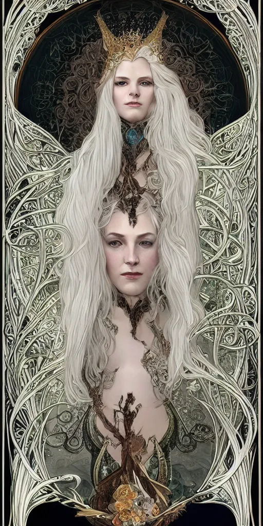 Image similar to 4k HD digital full body portrait of beautiful regal elven king, long white hair, black paper, wheel of sigils behind subject, fox god tarot card, Artstation, Alphonse Mucha, Craig Mullins, Marc Simonetti, art nouveau aesthetic, ornate and intricate details, decorative nouveau image border