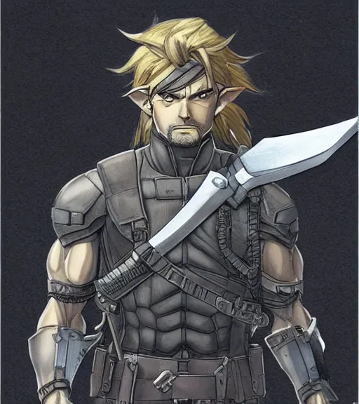 Prompt: portrait rayden dante solid snake link from the legend of zelda by yusuke murata and masakazu katsura, detailed face, holding a sword in one hand and a shield at the other, artstation, detailed eyes, highly - detailed, cgsociety, pencile and ink, city in the background, dark colors, intricate details