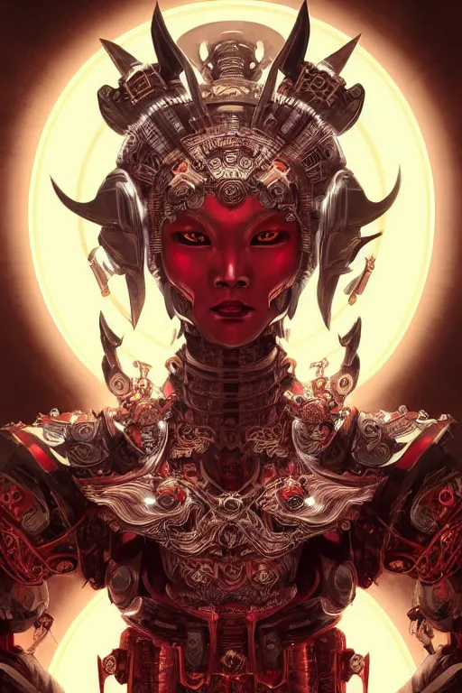 Image similar to asura from chinese myth, ghost, mecha, symmetrical. sci - fi, tech wear, glowing lights, intricate, elegant, highly detailed, digital painting, highly detailed, digital painting, artstation, concept art, smooth, sharp focus, illustration, art by artgerm and greg rutkowski and alphonse mucha