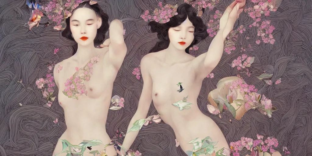 Image similar to breathtaking detailed girl body concept art painting art deco pattern of birds goddesses amalmation flowers, by hsiao - ron cheng, bizarre compositions, exquisite detail, extremely moody lighting, 8 k, art nouveau, old chines painting