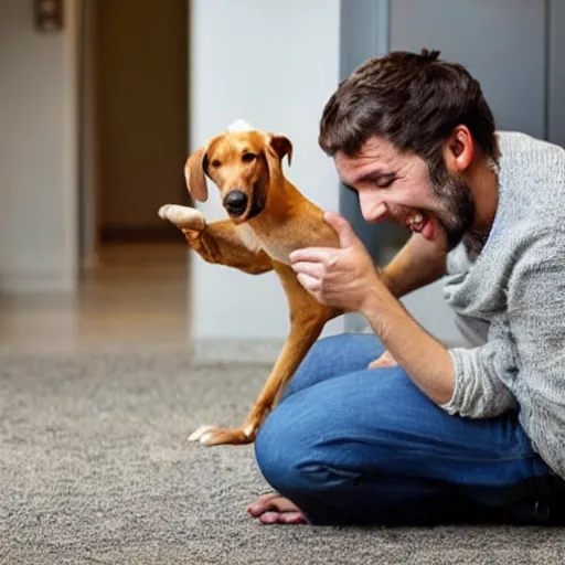 Image similar to man playing with an invisible dog