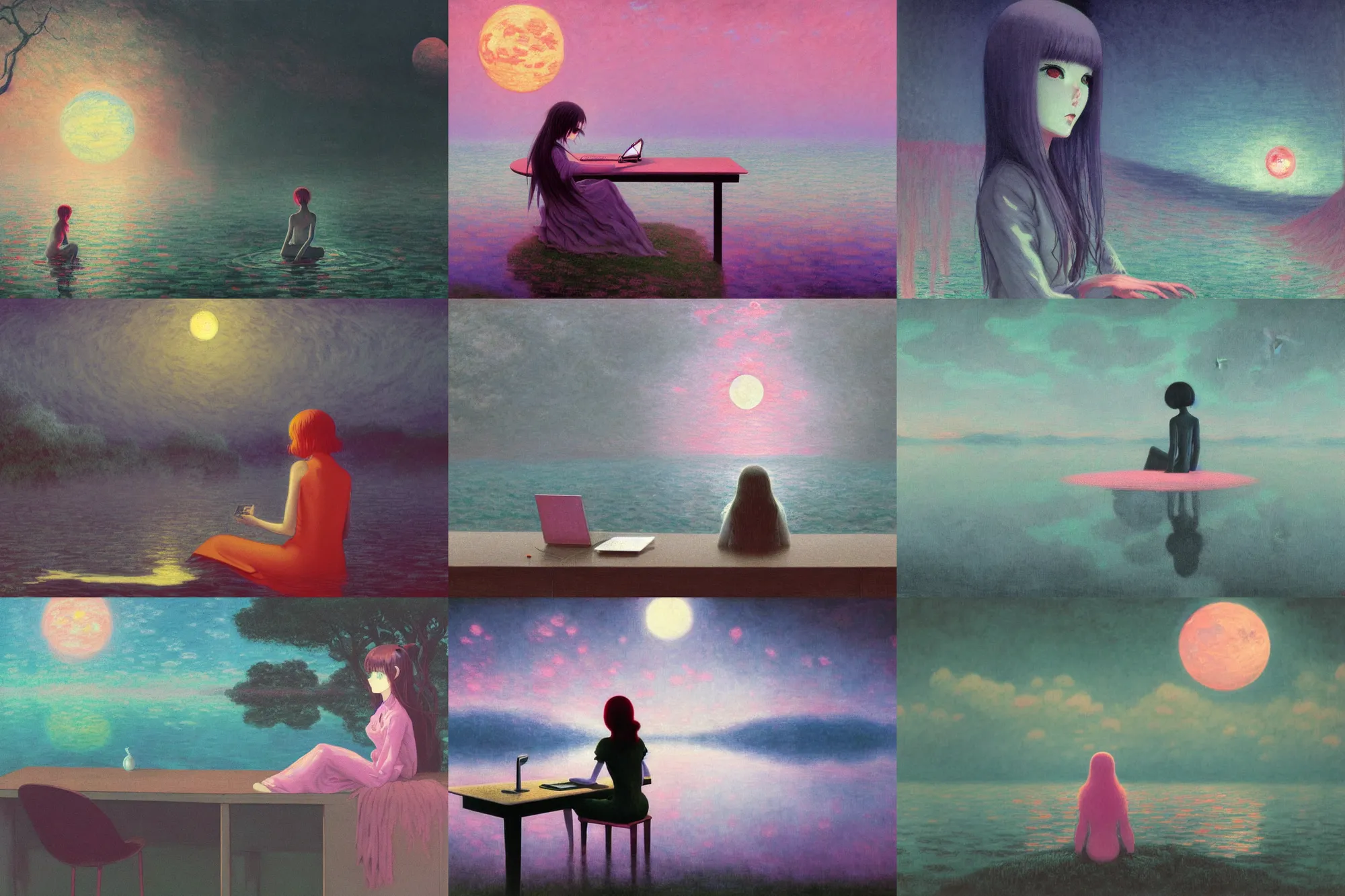 Prompt: gloomy eerie retro anime girl sitting at computer desk in the middle of a lake at night. the water is pink. bright moon in the sky, glowing moonlight in the darkness, strange ethereal being, sad eyes, Zdislaw Beksinski, Yoshitaka Amano, beautiful painting by claude monet, highly detailed textured 8k