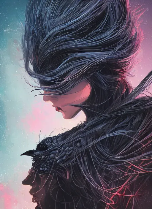 Image similar to beauty woman with a crows nest on her head, cruelty, black crows, light effect, hyper detailed, intricate, elegant, highly detailed, digital painting, rule 3 4, artstation, concept art, matte, sharp focus, illustration, by dan mumford, yusuke murata, makoto shinkai, ross tran