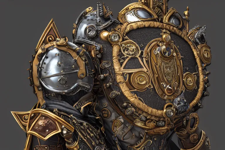 Prompt: steampunk paladin, full body portrait, octane render, 4k, extremely ornate armor and shield, highly intricate