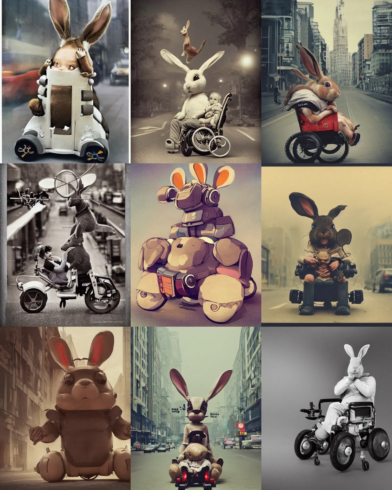 Prompt: shocking!! epic pose!!! giant oversized battle rabbit robot chubby mech baby sport wheelchair! double decker with giant oversized ears and rabbit babies in sitting pose ,in busy city , full body , Cinematic focus, Polaroid photo, vintage , neutral dull colors, soft lights, foggy mist , by oleg oprisco , by national archives, by discovery channel, by victor enrich , by gregory crewdson