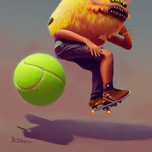 Image similar to highly detailed vfx portrait of a character of a tennis ball monster skateboarding on a skateboard stephen bliss, chalk, unrealengine, greg rutkowski, loish, rhads, beeple, chalk, makoto shinkai and lois van baarle, ilya kuvshinov, rossdraws, tom bagshaw, basil gogos