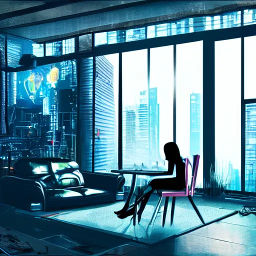 Prompt: cluttered living room wide shot cyberpunk high tech, cool cybernetic girl sitting at table, through the window is a cityscape, dramatic lighting, god rays, music by vangelis