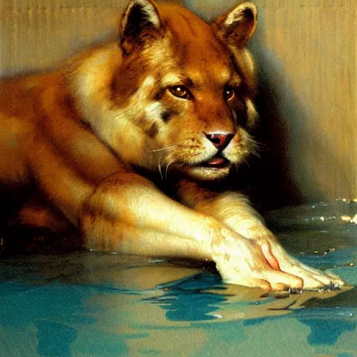 Prompt: a portrait of an animal in the pool, furry body, furry arms, furry legs, furry tail. highly detailed painting by gaston bussiere, craig mullins, j. c. leyendecker, furry