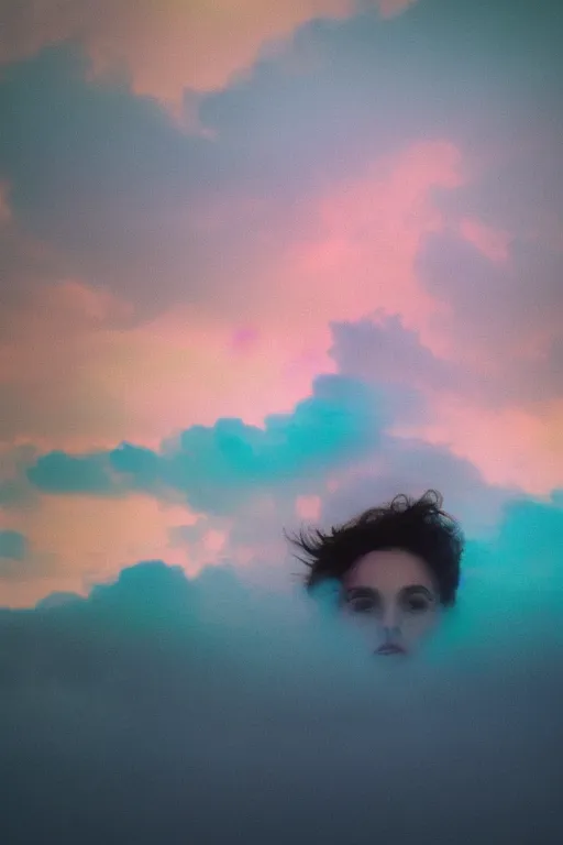 Image similar to high quality pastel coloured film close up wide angle photograph of a model wearing clothing resting on cloud furniture in a icelandic black rock environment in a partially haze filled dreamstate world. three point light, rainbow. photographic production. art directed. pastel colours. volumetric clouds. pastel gradient overlay. waves glitch artefacts. extreme facial clarity. 8 k. filmic.