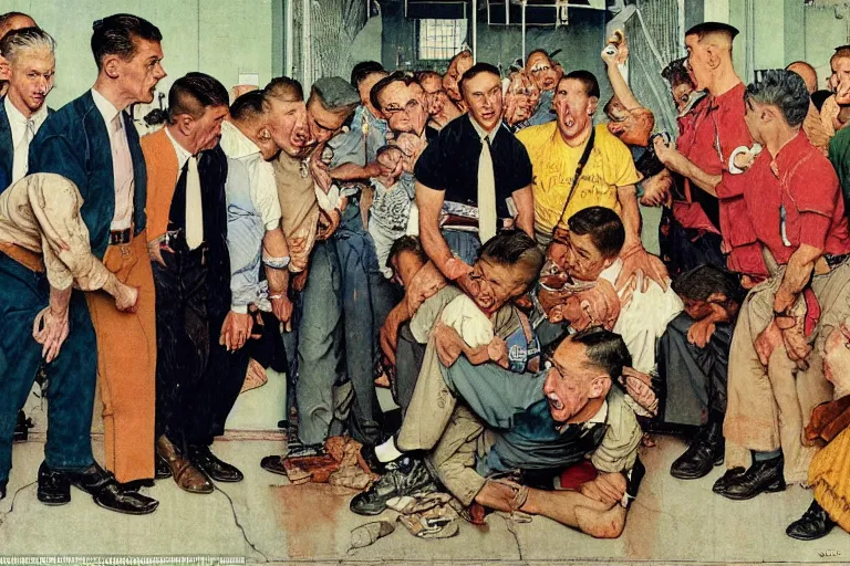 Prompt: a norman rockwell painting of a group of l - lgbt activists making a scene in front of a russian super - max prison