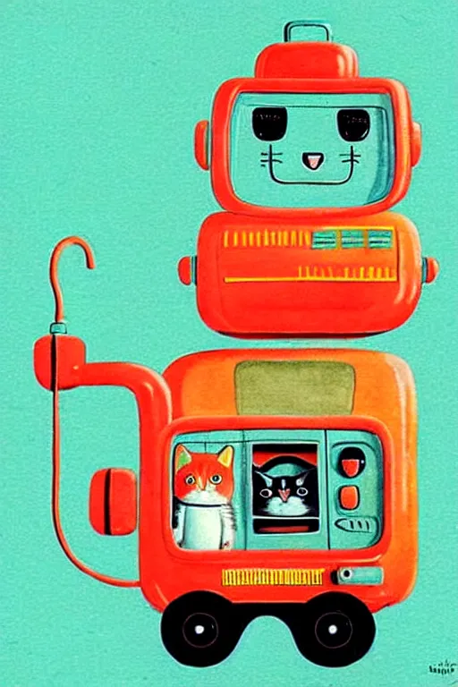 Prompt: ( ( ( ( ( ( ( a robot cat riding a cyber wagon ) ) ) ) ) ) ) by richard scarry!!!!!!!!!!!!!! muted colors, detailed