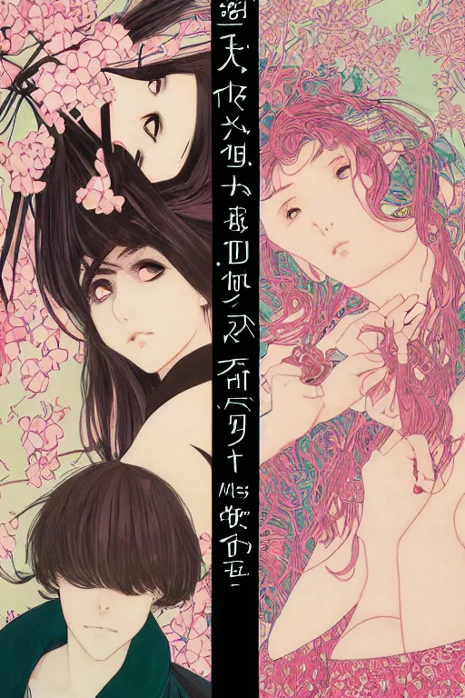 Prompt: professionally drawn shoujo mature horror mystery romance manga comic cover, beautifully drawn museum portrait coherent professional, drawn by ilya kuvshinov, gustav klimt, alphonse mucha and tsutomu nihei. japanese script kanji hiragana on the cover. simplistic minimalist stylized cover art. pink & green & blue full color.