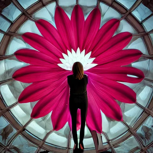 Image similar to giant flower head, woman walking in paris, surreal photography, symmetry, flat space, fanciful, stark colours, detailed, wes anderson