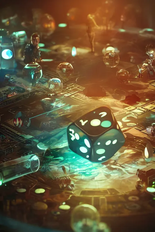 Image similar to closeup, of one futuristic sci-fi Twenty sided dice, in the background players at a table that are in still high tech suites, bokeh, sharp focus, intricate concept art, highly detailed, 8k, cinematic, sharp focus