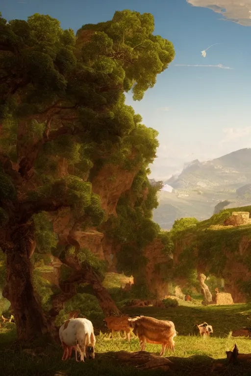 Image similar to a vast ancient italian landscape with farm animals the style of thomas cole, raytracing, 8 k, octane render, volumetric, vivid, beautiful, hyperrealism