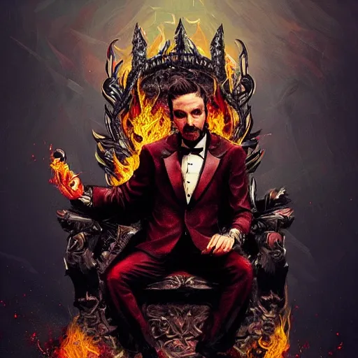 Prompt: A Male Devil sits on a throne and wears a black tuxedo , hell, landscape, fire, environment, Artstation