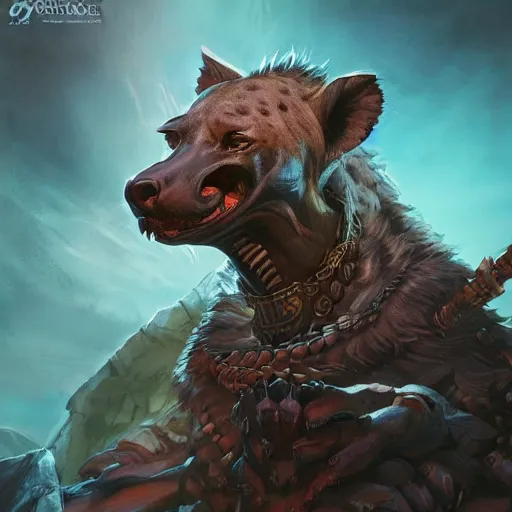 Image similar to Hyena, Anthropomorphized, as warlord general on skull throne, magic the gathering artwork, D&D, fantasy, cinematic lighting, centered, symmetrical, highly detailed, digital painting, artstation, concept art, smooth, sharp focus, illustration, volumetric lighting, epic Composition, 8k, art by Akihiko Yoshida and Greg Rutkowski and Craig Mullins, heroic pose, oil painting, cgsociety, Battlefield background, explosions, arrows