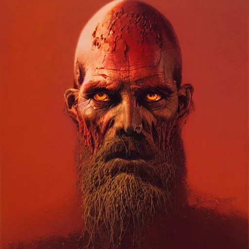 Image similar to Angry Bearded Prospector portrait, dark fantasy, red and gold, artstation, painted by Zdzisław Beksiński and Wayne Barlowe