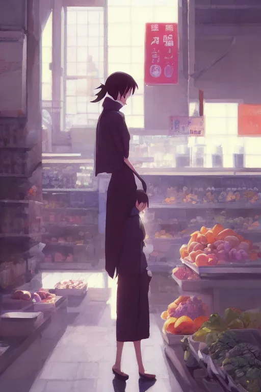 Prompt: a photography of a woman Grocer with frock,looks like Ziyi Zhang ponytail, grocery store around，winter,anime style character, clean soft lighting, backlit beautiful face, Oil painting, by Ilya Kuvshinov, Greg Rutkowski and Makoto Shinkai