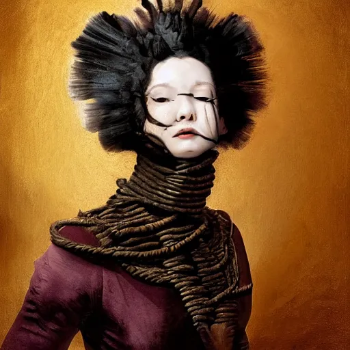 Prompt: portrait of a Shibari rope wrapped face and neck, headshot, insanely nice professional hair style, dramatic hair color, digital painting, of a old 18th century, Royal Emperor, amber jewels, baroque, Art Nouveaux, ornate clothing, scifi, realistic, hyper detailed, chiaroscuro, concept art, art by Franz Hals and Jon Foster and Ayami Kojima and Amano and Karol Bak,