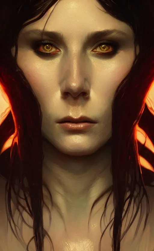 Image similar to a portrait of a devil woman, concept art, deep focus, intricate, highly detailed, digital painting, artstation, matte, sharp focus, illustration, art by greg rutkowski and alphonse mucha