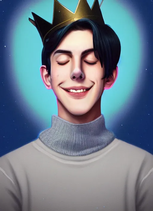 Image similar to portrait of teenage jughead jones wearing a light grey crown, crown, blue turtleneck, closed eyes, eyes closed, smile, crown, black hair, intricate, elegant, glowing lights, warm lighting, highly detailed, digital painting, artstation, concept art, smooth, sharp focus, illustration, art by wlop, mars ravelo and greg rutkowski