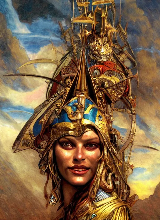 Prompt: dynamic! middle closeup chamber portrait of a biblical diabolical pirate female pharaoh, stylish leather armor, pirate ship! bright glowing eyes, in clouds, strong studio lights, thunder, storm, sunset, by gerald brom, by mikhail vrubel, by peter elson, muted colors, extreme detail, mirrors, trending on artstation, 8 k