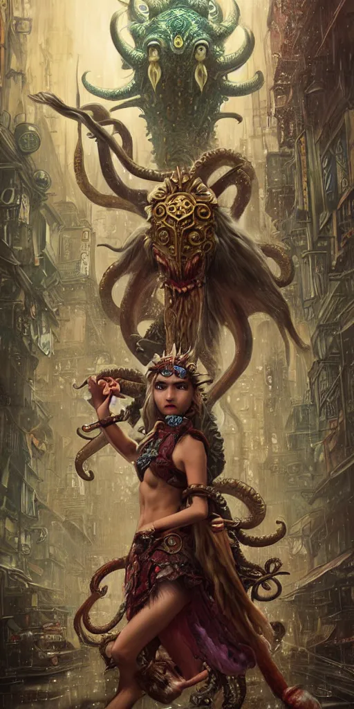 Image similar to hyper realistic Princess Mononoke attacking Cthulhu with a golden sword, ornate mask, wet market street, rainy atmosphere, cyberpunk metropolis, city landscape, jewels, full body pose, style of tom bagshaw, mucha, james gurney, norman rockwell, denoised, sharp