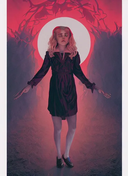 Image similar to poster artwork by Michael Whelan and Tomer Hanuka, Karol Bak of Kiernan Shipka dressed as satanist, from scene from Twin Peaks, clean