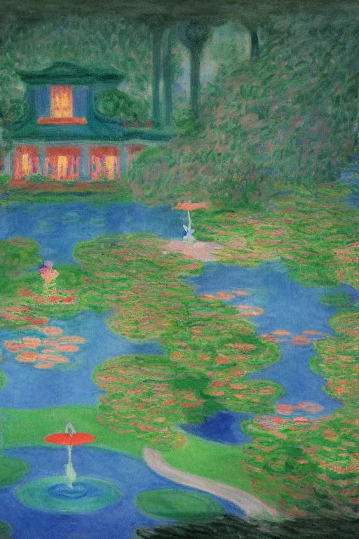 Prompt: cinematic aerial view of decorated surrealist Mansion lake garden at night by Edward Hopper and Claude Monet, Mansion garden lit by floating shoji lamps, Japanese 1920s maximalist art deco Mansion backyard design by Katsuhiro Otomo, the moon reflects in the water, the moon casts long exaggerated shadows, blue hour, hyper-detailed 70s watercolor by Sonia Delaunay by Syd Mead and by Jean Giraud, aerial view