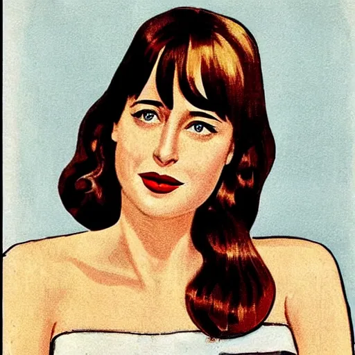 Image similar to “Dakota Johnson portrait, color vintage magazine illustration 1950”